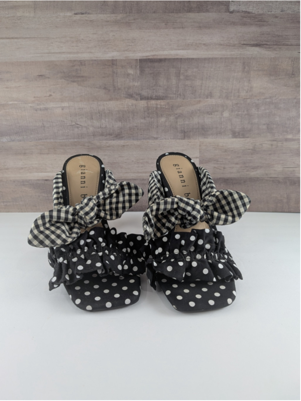 Gianni Bini Polka Dot Gingham Bow Heels Black White Size 7.5